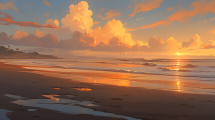 Wall Mural - Beautiful sunset on the beach. Sunset and cloud over the sea. Illustration