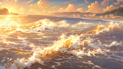 Wall Mural - Beautiful sunset on the beach. Sunset over the white wave sea. Illustration