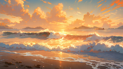 Wall Mural - Beautiful gold sunset on the beach. Sunset over the sea. Illustration