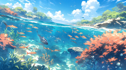 Poster - Underwater scene with coral reef and fish. in illustration style