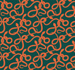 Vector seamless pattern with tangled orange snake silhouettes with on a green background. Fashion fabrics with anacondas.