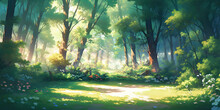 Anime Cartoon Style Woodland Forest Background Banner, Generated Ai