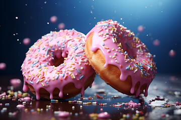 Wall Mural - Donuts with pink fruit glaze on a blue background 1