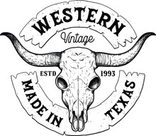 Bull Skull For Cowboy And Western Logos, Vintage Western Logo Illustration, Texas Longhorn, Country Western Bull Cattle Vintage Label Logo Design