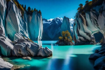 Poster - The blue colors of the marble caves in patagonia, chile.These caves are carved out by waves and are made of beautiful coloured and layered carbonate rocks