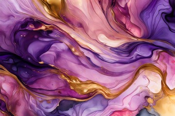 Poster - Abstract purple, lilac, pink, gold background, wallpaper. Mixing acrylic paints. Modern art. Alcohol ink colors translucent. Alcohol Abstract contemporary art fluid.