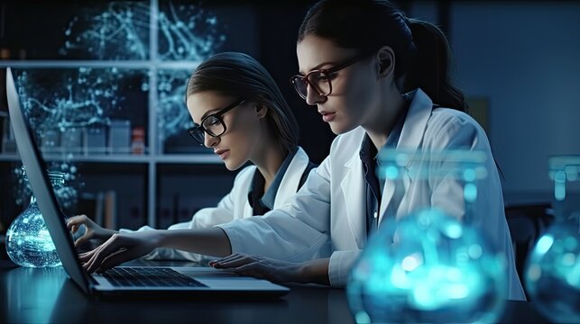 Two female scientists are using laptops in the laboratory.