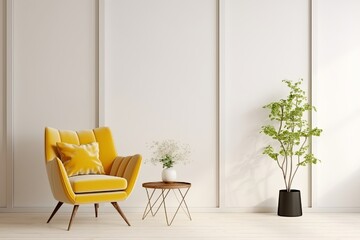 Wall Mural - Modern living room interior with yellow armchair on empty white wall, Generative AI 