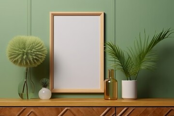 Wall Mural - Mock up photo frame green wall mounted on the wooden cabinet with beautiful plants, Generative AI 