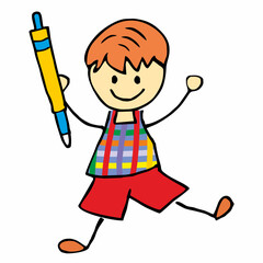 Wall Mural - Little boy holding a pen. Conceptual illustration, one school child with a pencil. Vector picture on white background.