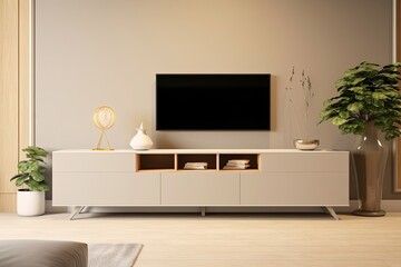 Wall Mural - Cream color wall background, Modern living room decor with a tv cabinet, Generative AI 