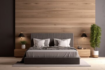 Wall Mural - Bedroom interior mockup with dark bed on empty wooden wall background, Generative AI 