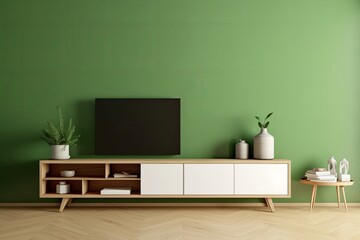 Wall Mural - Green color wall background, Modern living room decor with a tv cabinet, Generative AI 