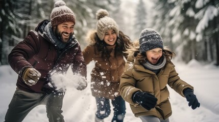 Poster - Happy family playing with snow at the forest in winter.