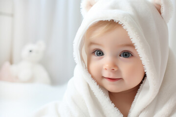 Happy baby wearing white hooded towel sitting on the bed after bath