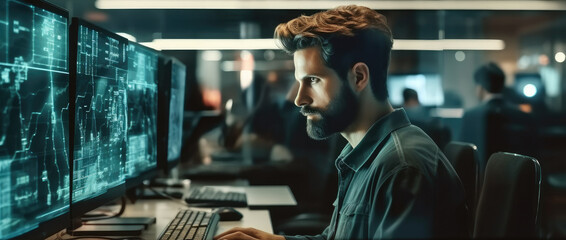 Fototapete - Male system security specialist working on computer at system control center.