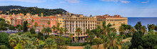 Aerial Panoramic View Of Jardin Albert 1 Garden, Old Town Or Vielle Ville Buildings And The Mediterranean Sea At Sunset In Nice, South Of France