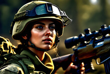 Woman Soldier With Rifle, Generative AI