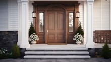 Main Entrance Door In House. Wooden Front Door With Gabled Porch And Landing. Exterior Of Georgian Style Home Cottage With Columns And Stone Cladding. Generative AI
