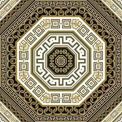 Wall Mural - Greek vector seamless pattern with mandalas, chains, rhombus, frames, borders. Repeat tribal ethnic background. Greek key, meanders golden lines ornament.  Geometric modern design. Endless texture