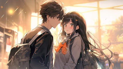 Wall Mural - kawaii anime schoolgirl romantic couple