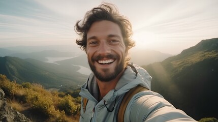 Poster - Young hiker taking selfie portrait on the top of mountain, happy guy smiling at camera. tourism, sport life style,social media influencer. generative AI