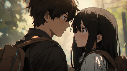 Wall Mural - kawaii anime schoolgirl romantic couple
