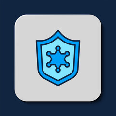 Poster - Filled outline Police badge icon isolated on blue background. Sheriff badge sign. Vector