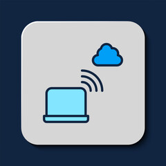 Sticker - Filled outline Network cloud connection icon isolated on blue background. Social technology. Cloud computing concept. Vector