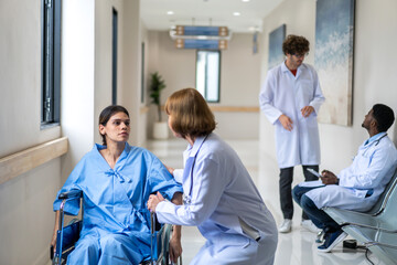 Senior woman doctor wearing uniform with stethoscope help discussing and consulting talk to happy woman patient checkup information, support, care, diseases, treatment in hospital.healthcare