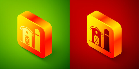 Poster - Isometric Farm house icon isolated on green and red background. Square button. Vector