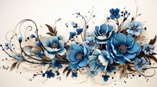 A Bunch Of Blue Flowers On A White Background. AI Image.