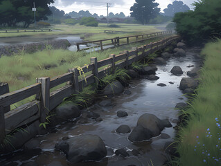 Wall Mural - Wooden bridge over the river in the morning, anime background