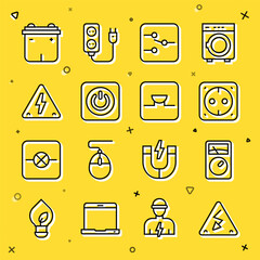 Sticker - Set line High voltage, Ampere meter, multimeter, Electrical outlet, Switch in electronic circuit, Power button, Car battery and Buzzer icon. Vector