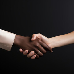 Close up image of a businesswoman and businessman hand shake with diverse skin color