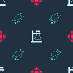 Sticker - Set Processor CPU, Test tube flask on stand and Planet Saturn on seamless pattern. Vector