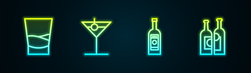 Canvas Print - Set line Glass of vodka, Martini glass, bottle and Bottles wine. Glowing neon icon. Vector