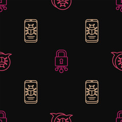 Sticker - Set line System bug, on mobile and Cyber security on seamless pattern. Vector