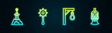 Set Line Sword In The Stone, Medieval Chained Mace Ball, Gallows And Iron Helmet. Glowing Neon Icon. Vector
