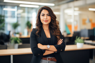 Wall Mural - Attractive hispanic businesswoman CEO confident and staning front of modern office