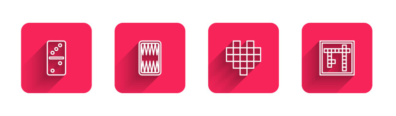 Sticker - Set line Domino, Backgammon board, Pixel hearts for game and Bingo with long shadow. Red square button. Vector