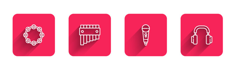 Sticker - Set line Tambourine, Pan flute, Microphone and Headphones with long shadow. Red square button. Vector