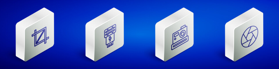 Sticker - Set Isometric line Picture crop photo, Photo camera flash, and Camera shutter icon. Vector