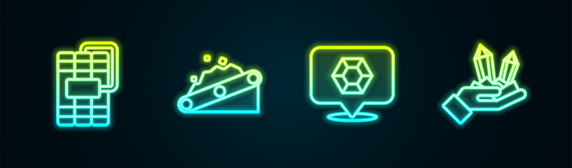 Canvas Print - Set line Dynamite, Conveyor belt carrying coal, Gem stone and . Glowing neon icon. Vector