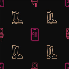 Sticker - Set line Walkie talkie, Fire boots and Mobile emergency call 911 on seamless pattern. Vector