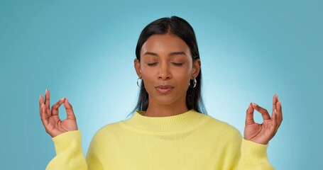 Poster - Lotus, hands or woman in meditation in studio for wellness, peace or balance on blue background. Calm, mental health or zen Indian girl in yoga pose for energy training, breath or holistic exercise