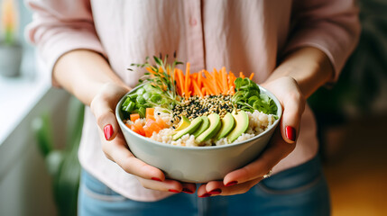 Close up of a white caucasian woman's hands holding a Poke bowl of raw fish brown rice cucumber carrots avocado greens and sesame seeds