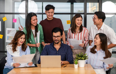 Wall Mural - Group of business meeting and discussing strategy with startup project analysis finance,management.Success business people plan and brainstorm,marketing,idea,research,organization in office.Teamwork