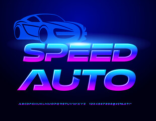 Wall Mural - Vector futuristic emblem Speed Auto. Bright gradient Font. Creative Alphabet Letters, Numbers and Symbols set