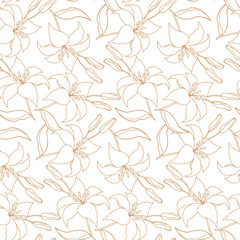 Wall Mural - Lilly flower monochrome seamless pattern for textile or wallpaper, floral hand drawn line art vector background